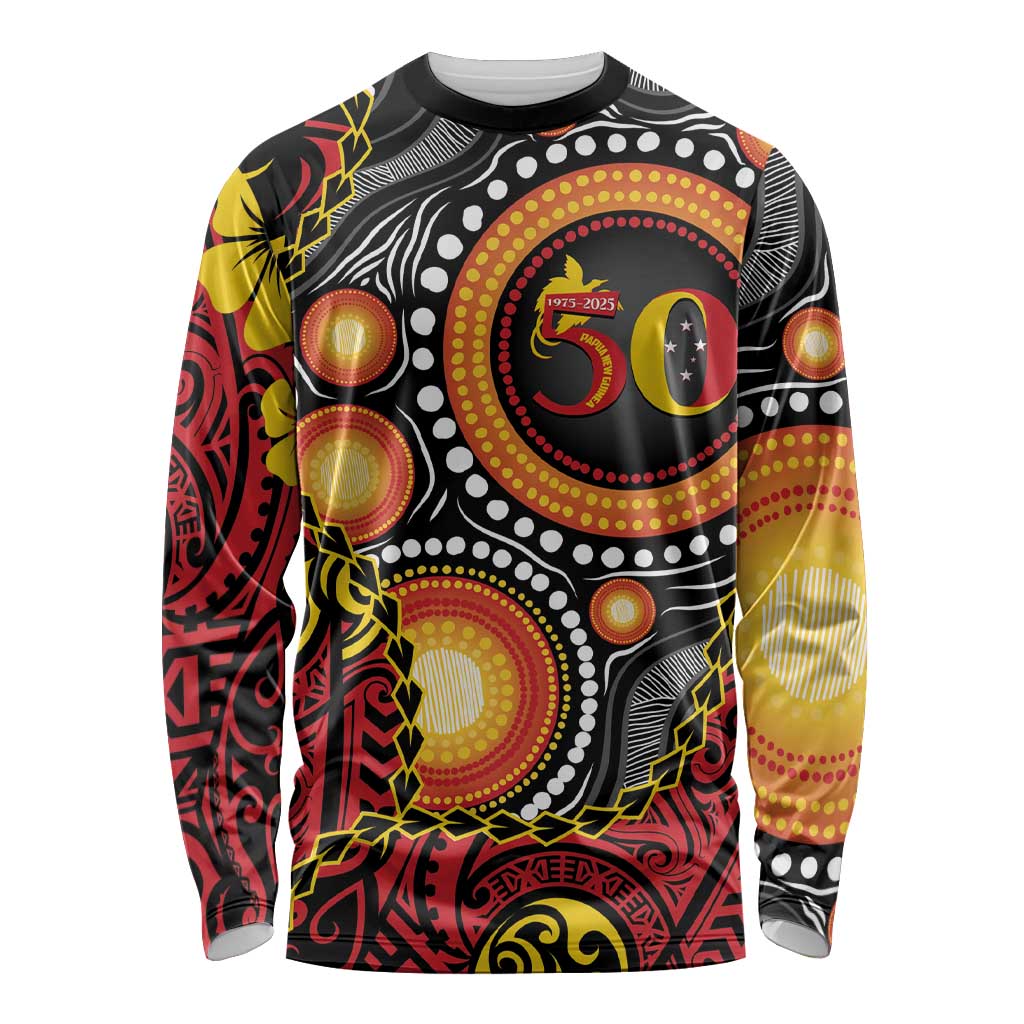 Celebrating 50 Years Papua New Guinea Long Sleeve Shirt Aboriginal Mix Papuan Pattern LT14 Unisex Red - Polynesian Pride