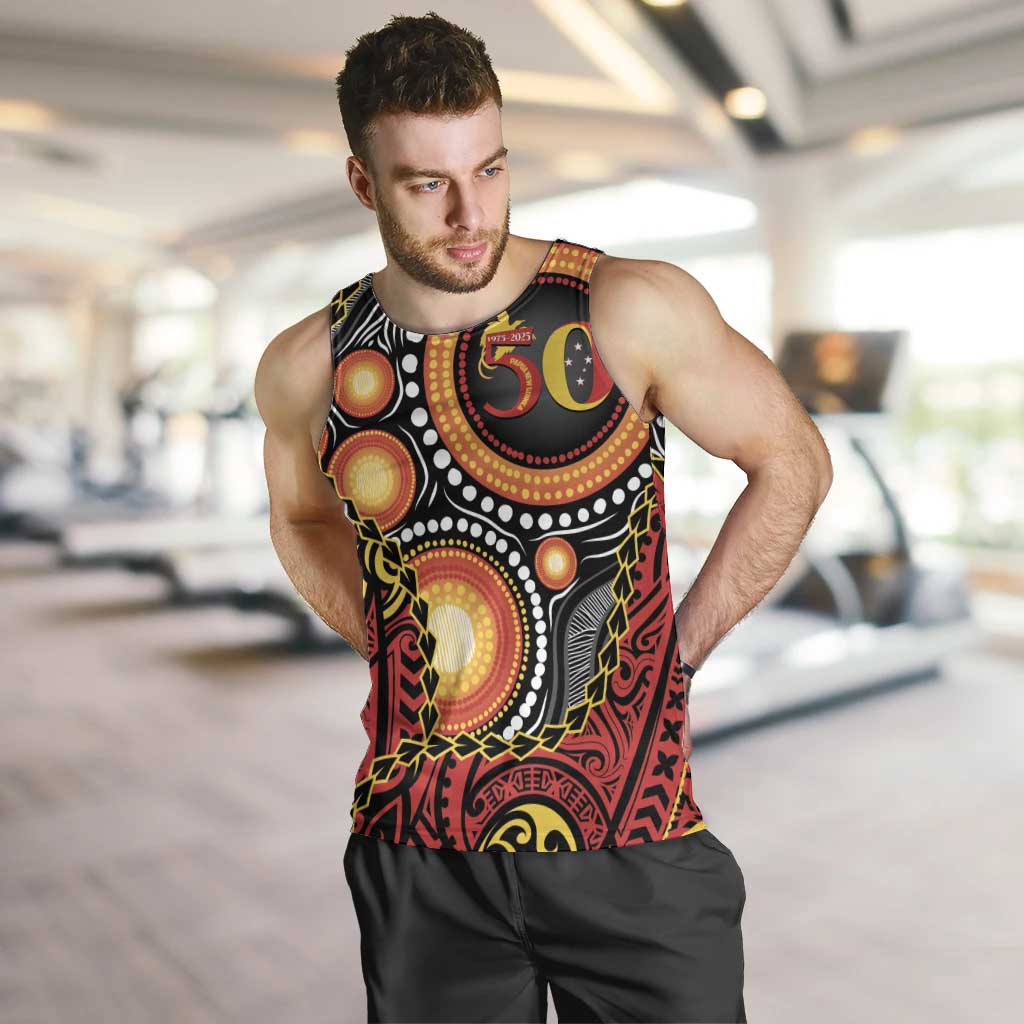 Celebrating 50 Years Papua New Guinea Men Tank Top Aboriginal Mix Papuan Pattern LT14 Red - Polynesian Pride
