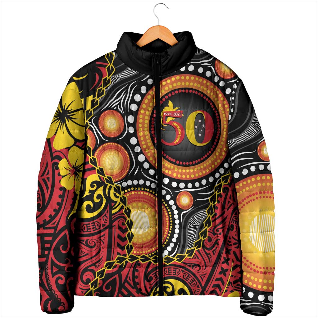 Celebrating 50 Years Papua New Guinea Padded Jacket Aboriginal Mix Papuan Pattern - Polynesian Pride