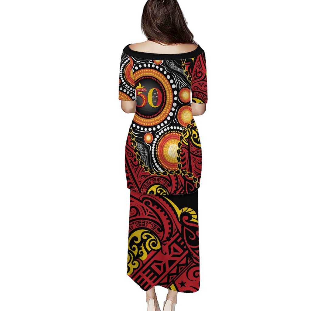 Celebrating 50 Years Papua New Guinea Puletasi Aboriginal Mix Papuan Pattern - Polynesian Pride