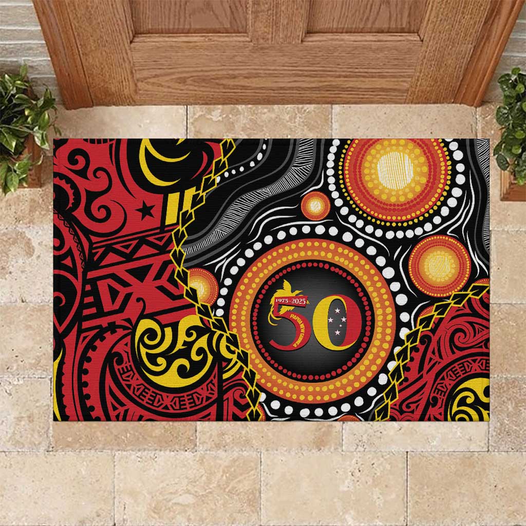 Celebrating 50 Years Papua New Guinea Rubber Doormat Aboriginal Mix Papuan Pattern LT14 Red - Polynesian Pride