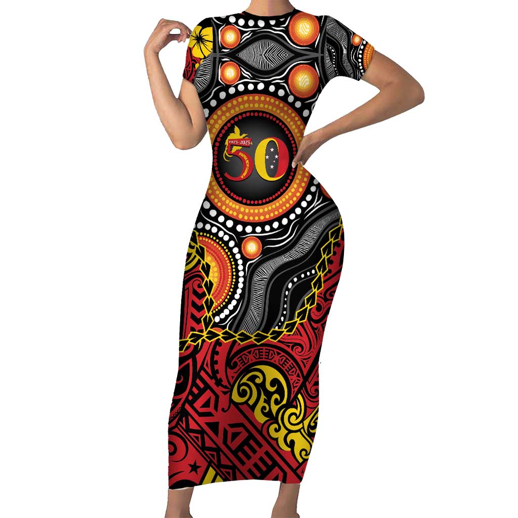 Celebrating 50 Years Papua New Guinea Short Sleeve Bodycon Dress Aboriginal Mix Papuan Pattern - Polynesian Pride