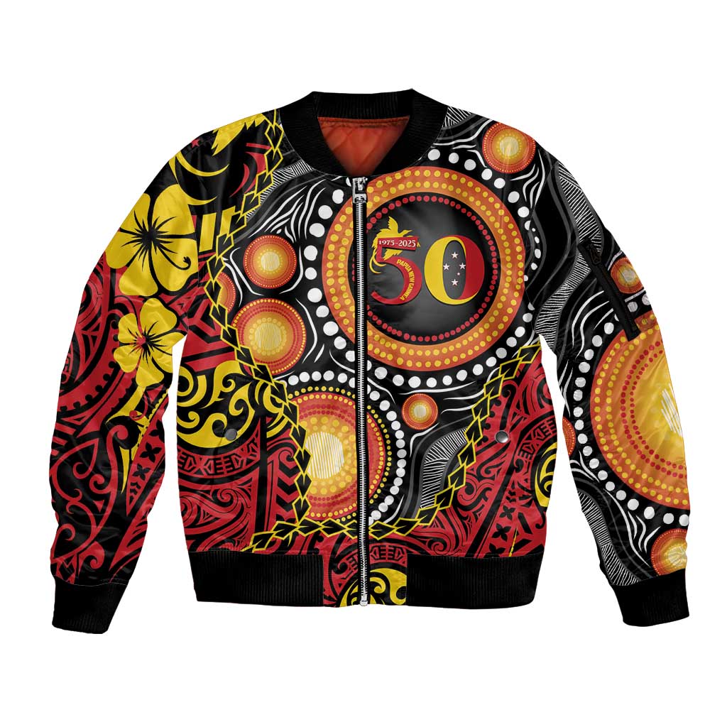 Celebrating 50 Years Papua New Guinea Sleeve Zip Bomber Jacket Aboriginal Mix Papuan Pattern - Polynesian Pride