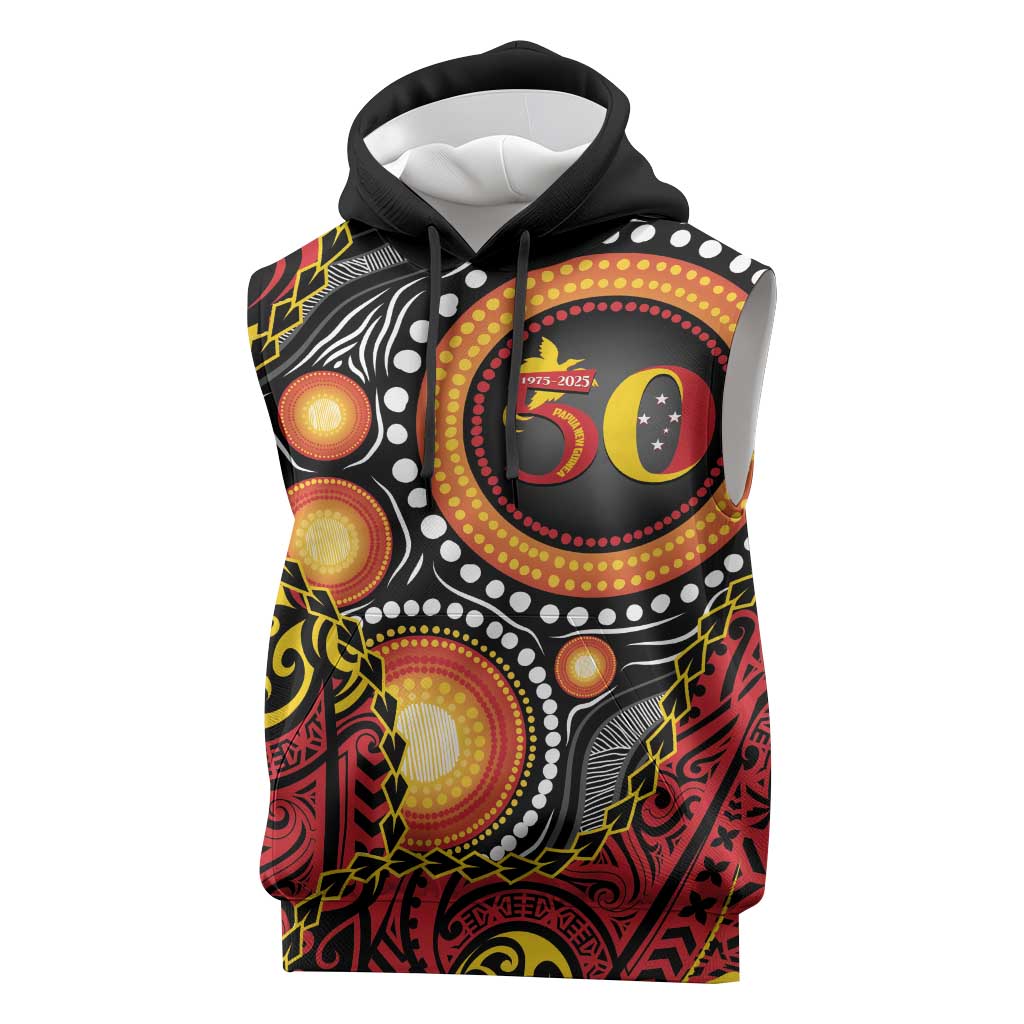 Celebrating 50 Years Papua New Guinea Sleeveless Hoodie Aboriginal Mix Papuan Pattern - Polynesian Pride