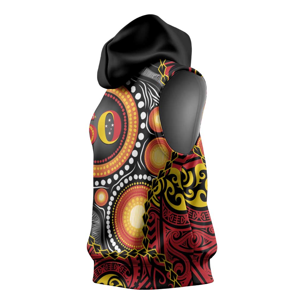 Celebrating 50 Years Papua New Guinea Sleeveless Hoodie Aboriginal Mix Papuan Pattern - Polynesian Pride