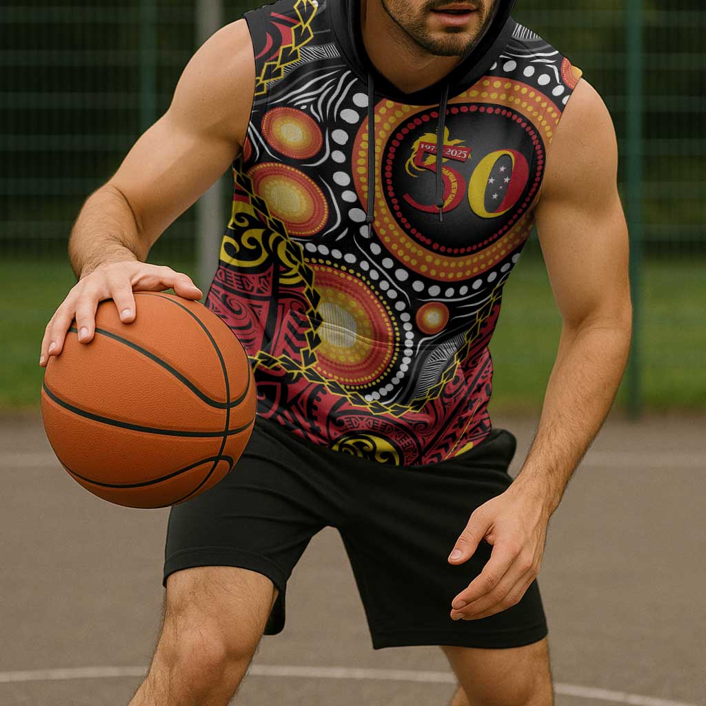 Celebrating 50 Years Papua New Guinea Sleeveless Hoodie Aboriginal Mix Papuan Pattern - Polynesian Pride