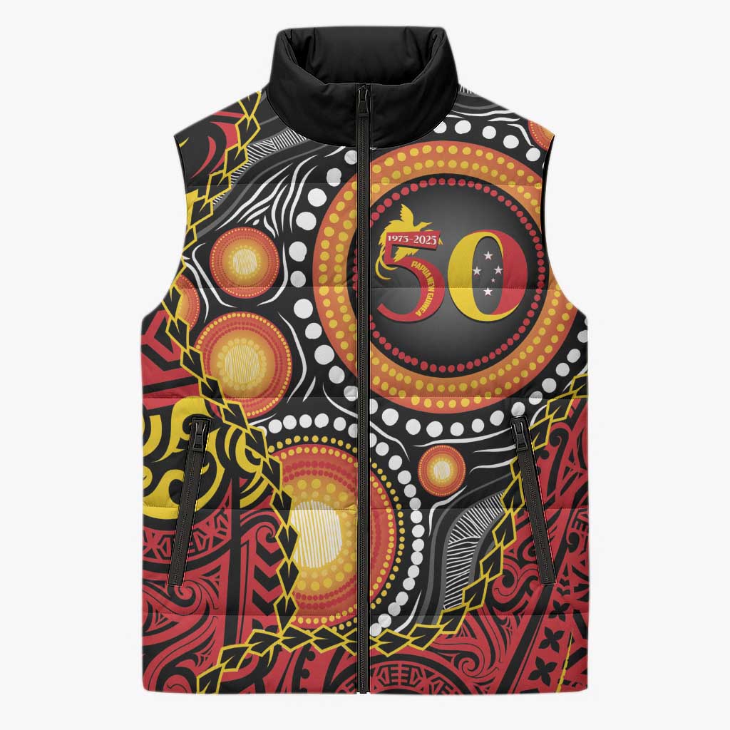 Celebrating 50 Years Papua New Guinea Sleeveless Puffer Jacket Aboriginal Mix Papuan Pattern - Polynesian Pride