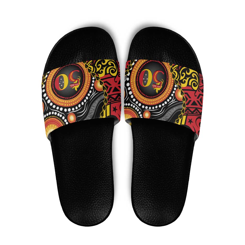 Celebrating 50 Years Papua New Guinea Slide Sandals Aboriginal Mix Papuan Pattern - Polynesian Pride