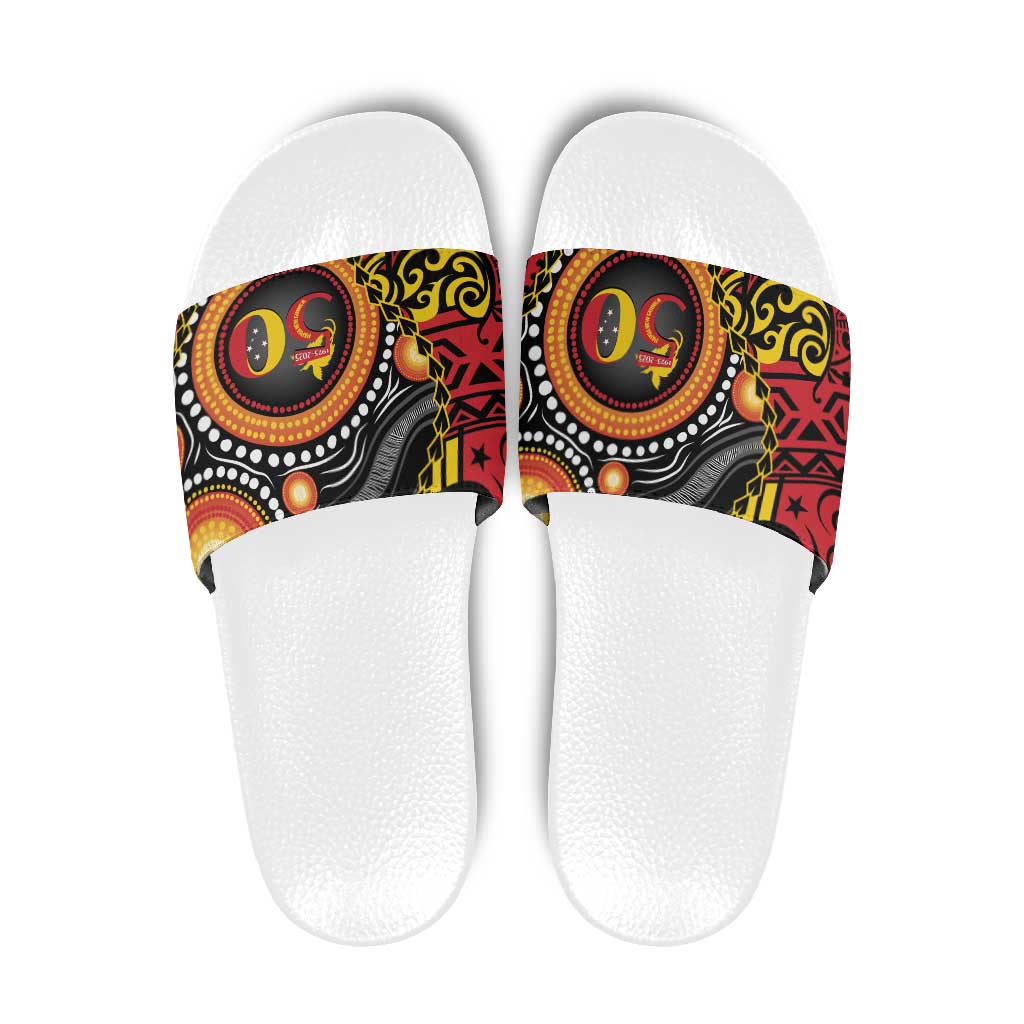 Celebrating 50 Years Papua New Guinea Slide Sandals Aboriginal Mix Papuan Pattern - Polynesian Pride