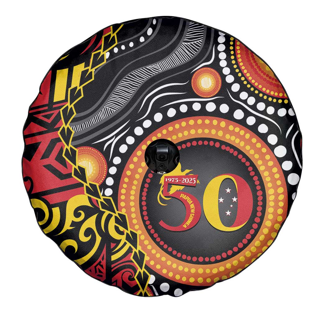 Celebrating 50 Years Papua New Guinea Spare Tire Cover Aboriginal Mix Papuan Pattern - Polynesian Pride