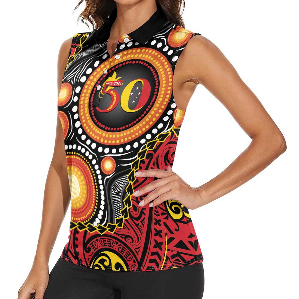 Celebrating 50 Years Papua New Guinea Women Sleeveless Polo Shirt Aboriginal Mix Papuan Pattern LT14 - Polynesian Pride