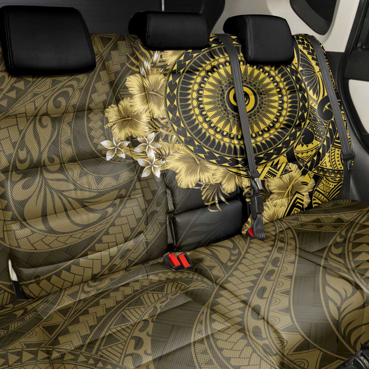 Vanuatu Back Car Seat Cover Hibisus Polynesian Pattern Gold - Polynesian Pride