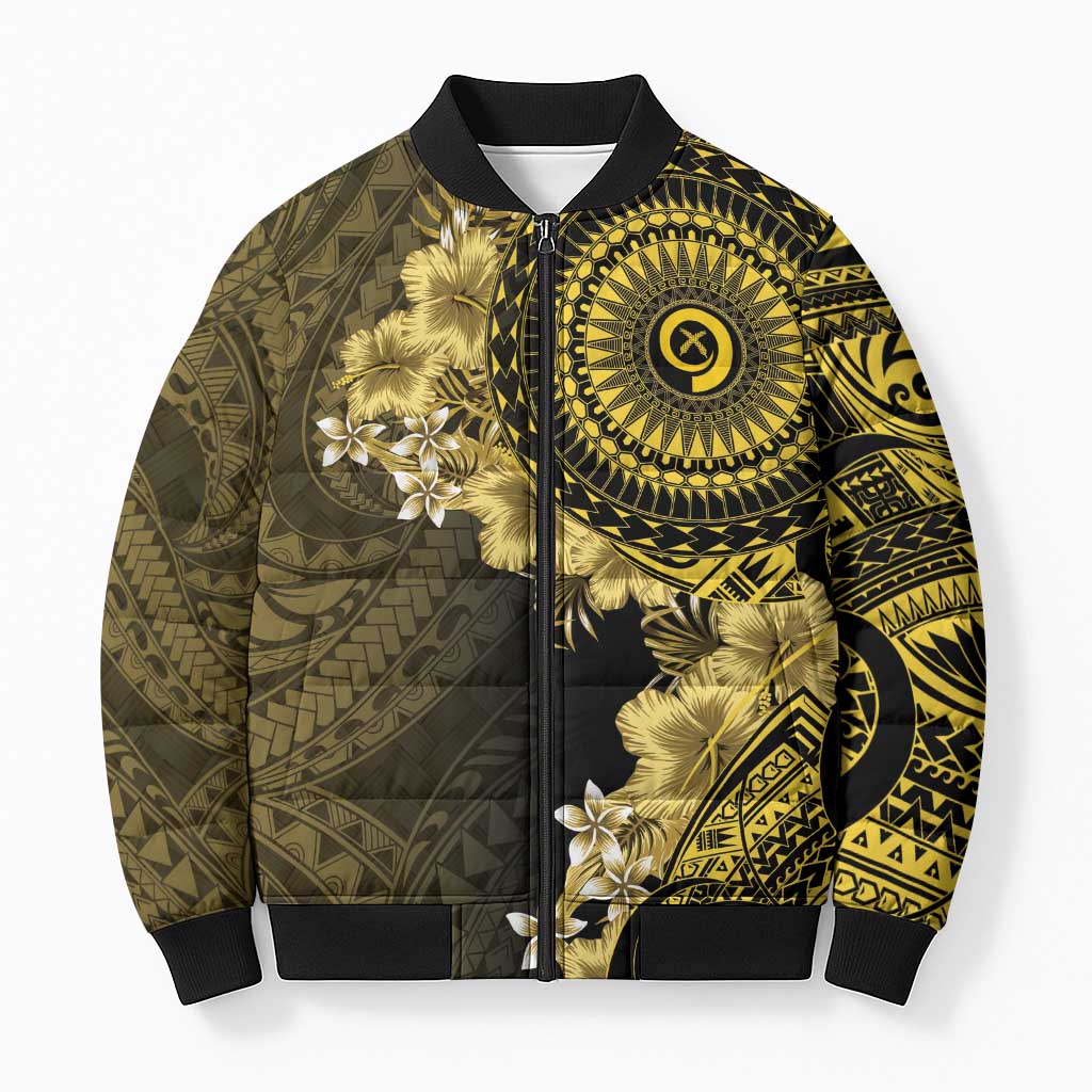 Vanuatu Bomber Puffer Jacket Hibisus Polynesian Pattern Gold LT14 Unisex Gold - Polynesian Pride