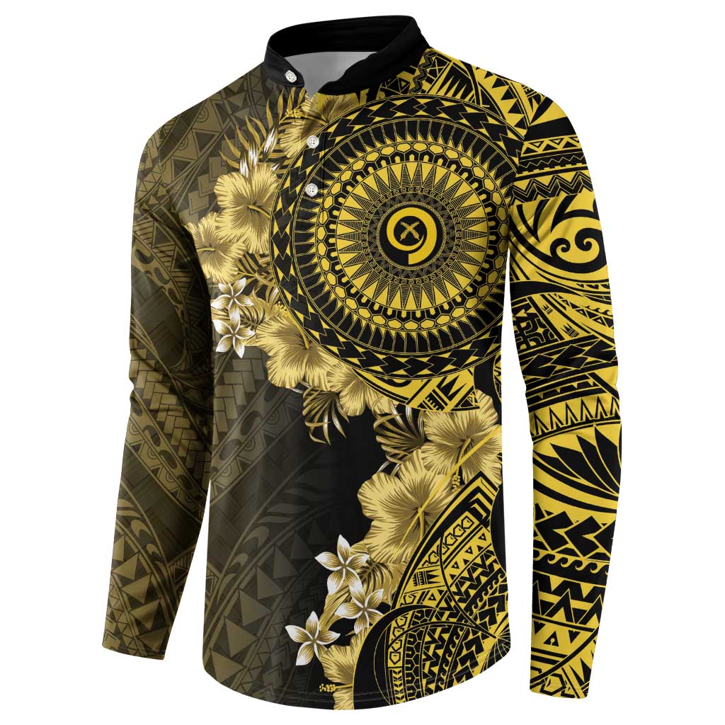 Vanuatu Button Sweatshirt Hibisus Polynesian Pattern Gold LT14 - Polynesian Pride