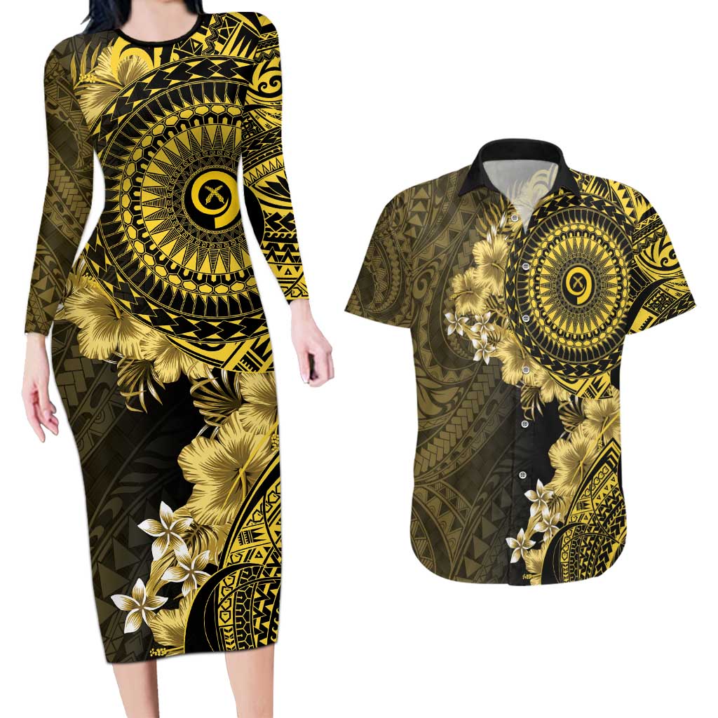 Vanuatu Couples Matching Long Sleeve Bodycon Dress and Hawaiian Shirt Hibisus Polynesian Pattern Gold LT14 Gold - Polynesian Pride