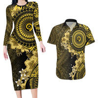 Vanuatu Couples Matching Long Sleeve Bodycon Dress and Hawaiian Shirt Hibisus Polynesian Pattern Gold LT14 Gold - Polynesian Pride