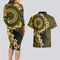 Vanuatu Couples Matching Long Sleeve Bodycon Dress and Hawaiian Shirt Hibisus Polynesian Pattern Gold LT14 - Polynesian Pride