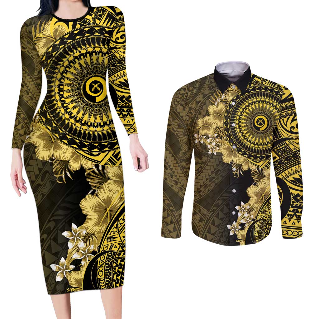 Vanuatu Couples Matching Long Sleeve Bodycon Dress and Long Sleeve Button Shirt Hibisus Polynesian Pattern Gold LT14 Gold - Polynesian Pride