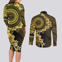 Vanuatu Couples Matching Long Sleeve Bodycon Dress and Long Sleeve Button Shirt Hibisus Polynesian Pattern Gold LT14 - Polynesian Pride