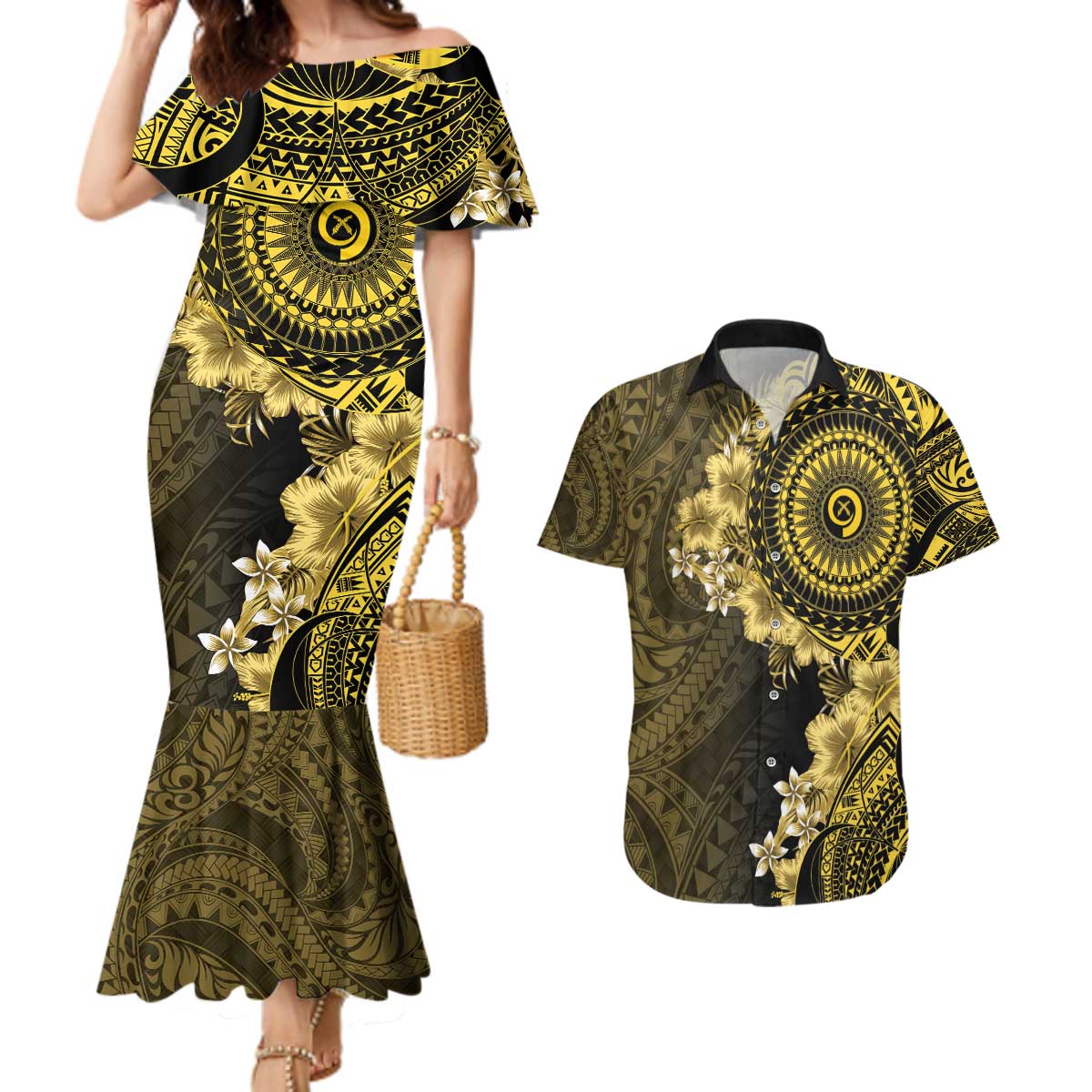Vanuatu Couples Matching Mermaid Dress and Hawaiian Shirt Hibisus Polynesian Pattern Gold LT14 Gold - Polynesian Pride