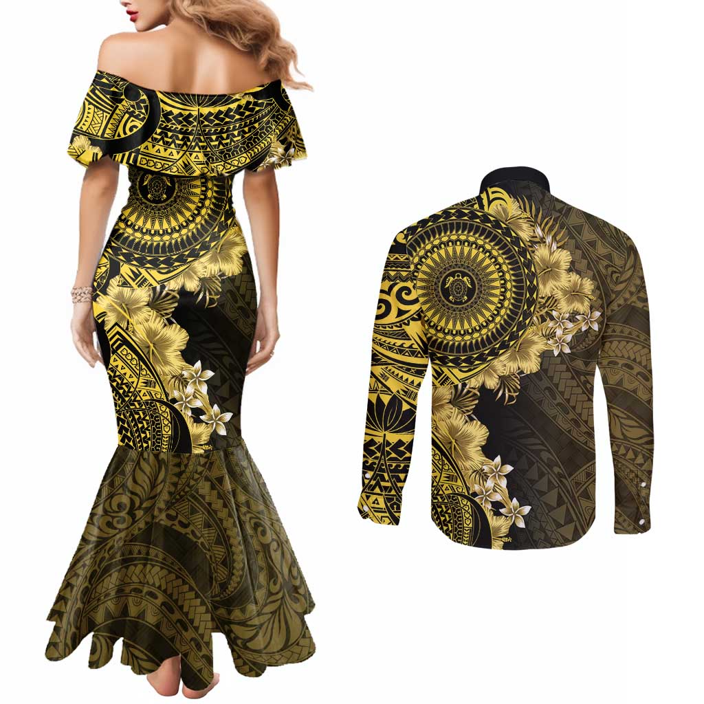 Vanuatu Couples Matching Mermaid Dress and Long Sleeve Button Shirt Hibisus Polynesian Pattern Gold LT14 - Polynesian Pride