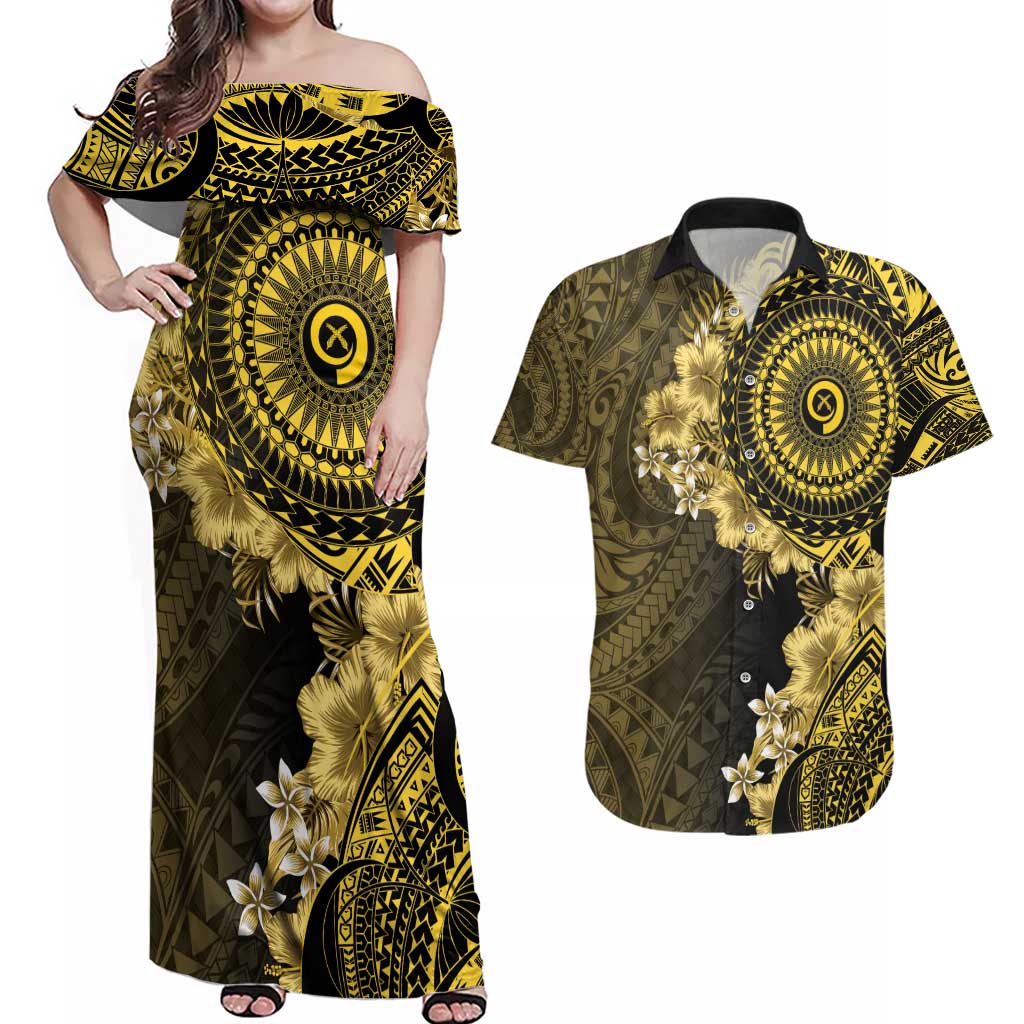 Vanuatu Couples Matching Off Shoulder Maxi Dress and Hawaiian Shirt Hibisus Polynesian Pattern Gold LT14 Gold - Polynesian Pride