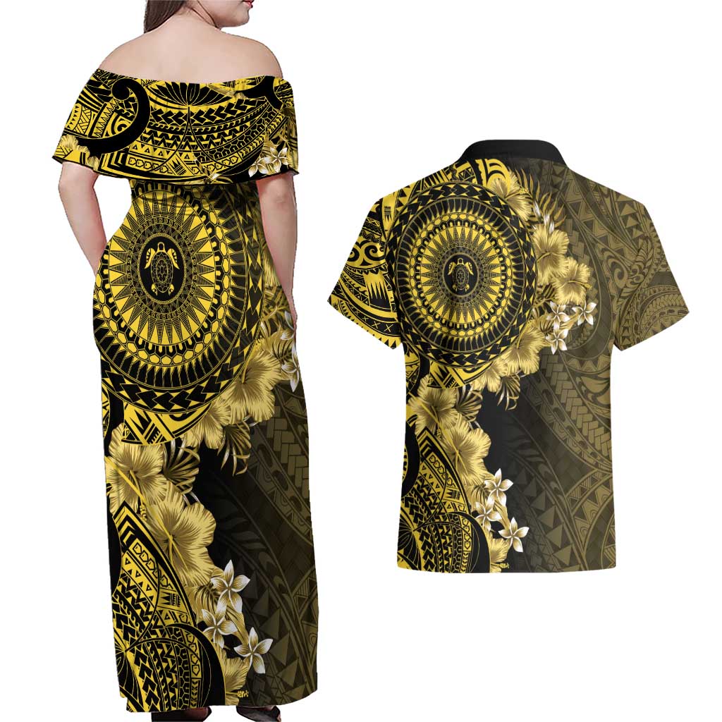 Vanuatu Couples Matching Off Shoulder Maxi Dress and Hawaiian Shirt Hibisus Polynesian Pattern Gold LT14 - Polynesian Pride