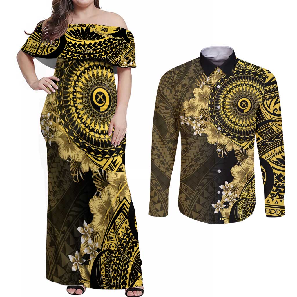 Vanuatu Couples Matching Off Shoulder Maxi Dress and Long Sleeve Button Shirt Hibisus Polynesian Pattern Gold LT14 Gold - Polynesian Pride