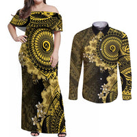 Vanuatu Couples Matching Off Shoulder Maxi Dress and Long Sleeve Button Shirt Hibisus Polynesian Pattern Gold LT14 Gold - Polynesian Pride