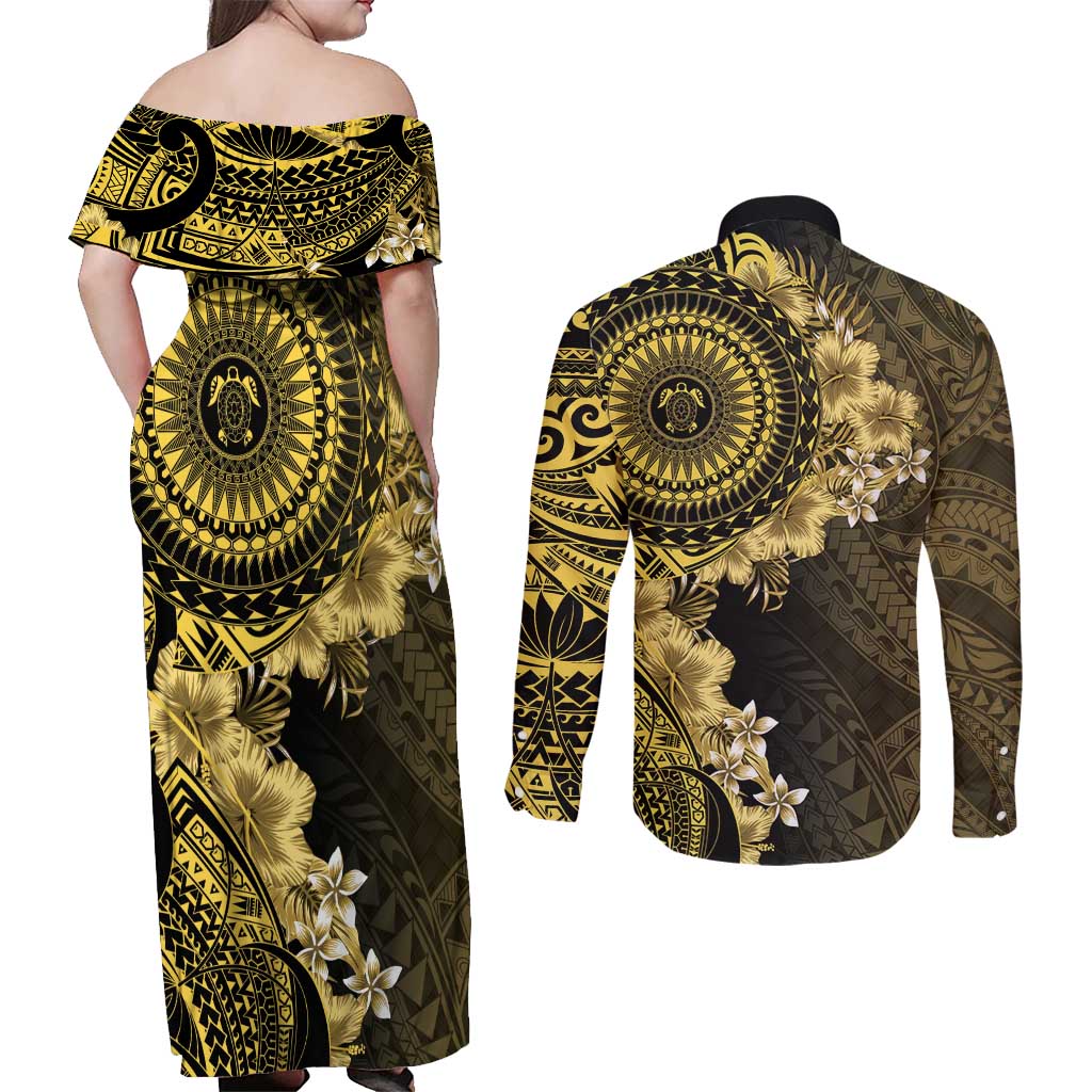 Vanuatu Couples Matching Off Shoulder Maxi Dress and Long Sleeve Button Shirt Hibisus Polynesian Pattern Gold LT14 - Polynesian Pride