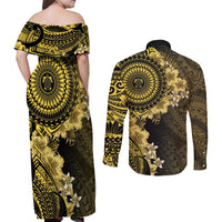 Vanuatu Couples Matching Off Shoulder Maxi Dress and Long Sleeve Button Shirt Hibisus Polynesian Pattern Gold LT14 - Polynesian Pride