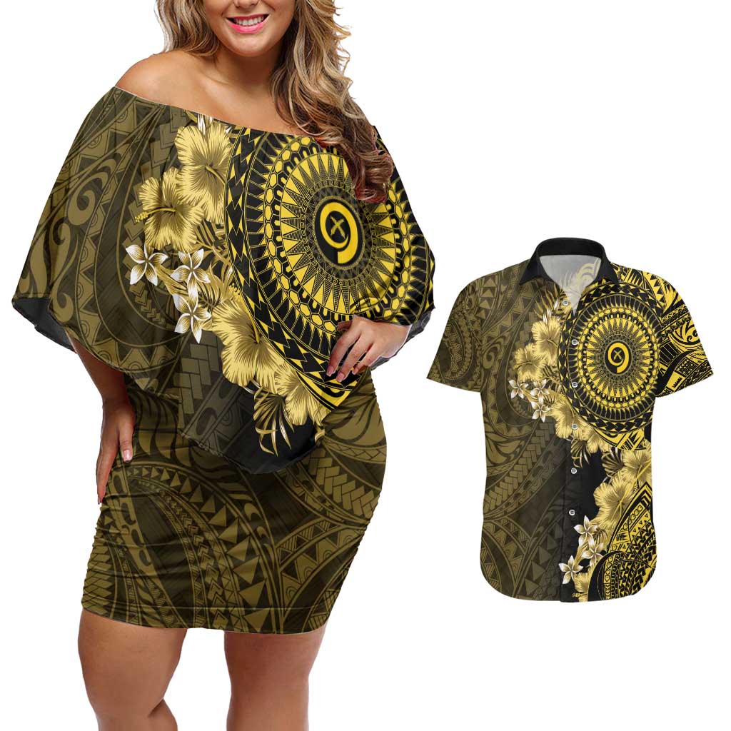 Vanuatu Couples Matching Off Shoulder Short Dress and Hawaiian Shirt Hibisus Polynesian Pattern Gold LT14 Gold - Polynesian Pride