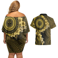 Vanuatu Couples Matching Off Shoulder Short Dress and Hawaiian Shirt Hibisus Polynesian Pattern Gold LT14 - Polynesian Pride
