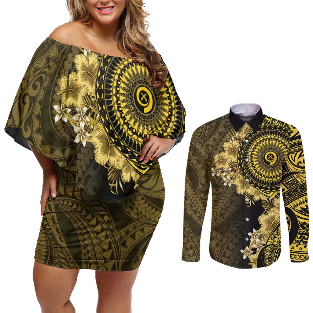 Vanuatu Couples Matching Off Shoulder Short Dress and Long Sleeve Button Shirt Hibisus Polynesian Pattern Gold LT14 Gold - Polynesian Pride