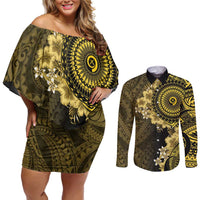 Vanuatu Couples Matching Off Shoulder Short Dress and Long Sleeve Button Shirt Hibisus Polynesian Pattern Gold LT14 Gold - Polynesian Pride
