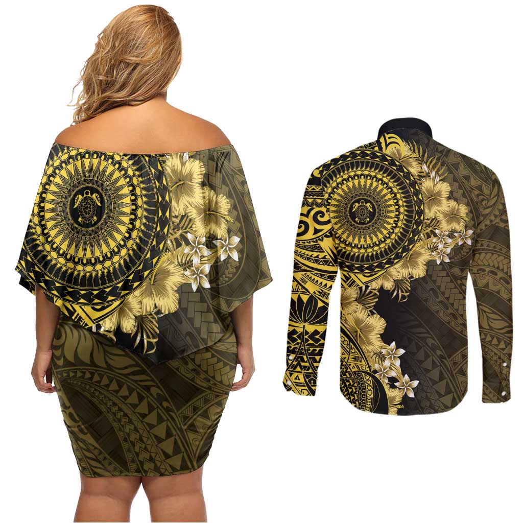 Vanuatu Couples Matching Off Shoulder Short Dress and Long Sleeve Button Shirt Hibisus Polynesian Pattern Gold LT14 - Polynesian Pride