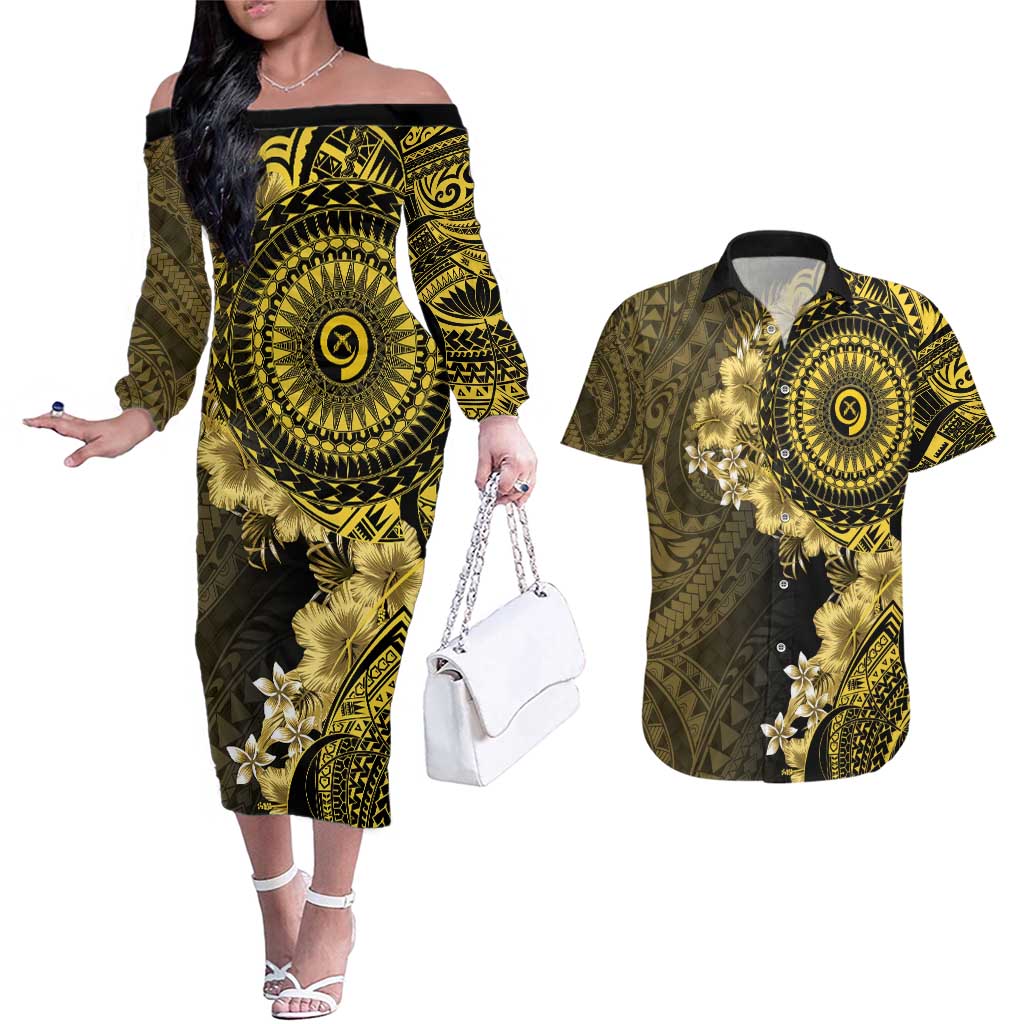 Vanuatu Couples Matching Off The Shoulder Long Sleeve Dress and Hawaiian Shirt Hibisus Polynesian Pattern Gold LT14 Gold - Polynesian Pride