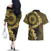 Vanuatu Couples Matching Off The Shoulder Long Sleeve Dress and Hawaiian Shirt Hibisus Polynesian Pattern Gold LT14 - Polynesian Pride