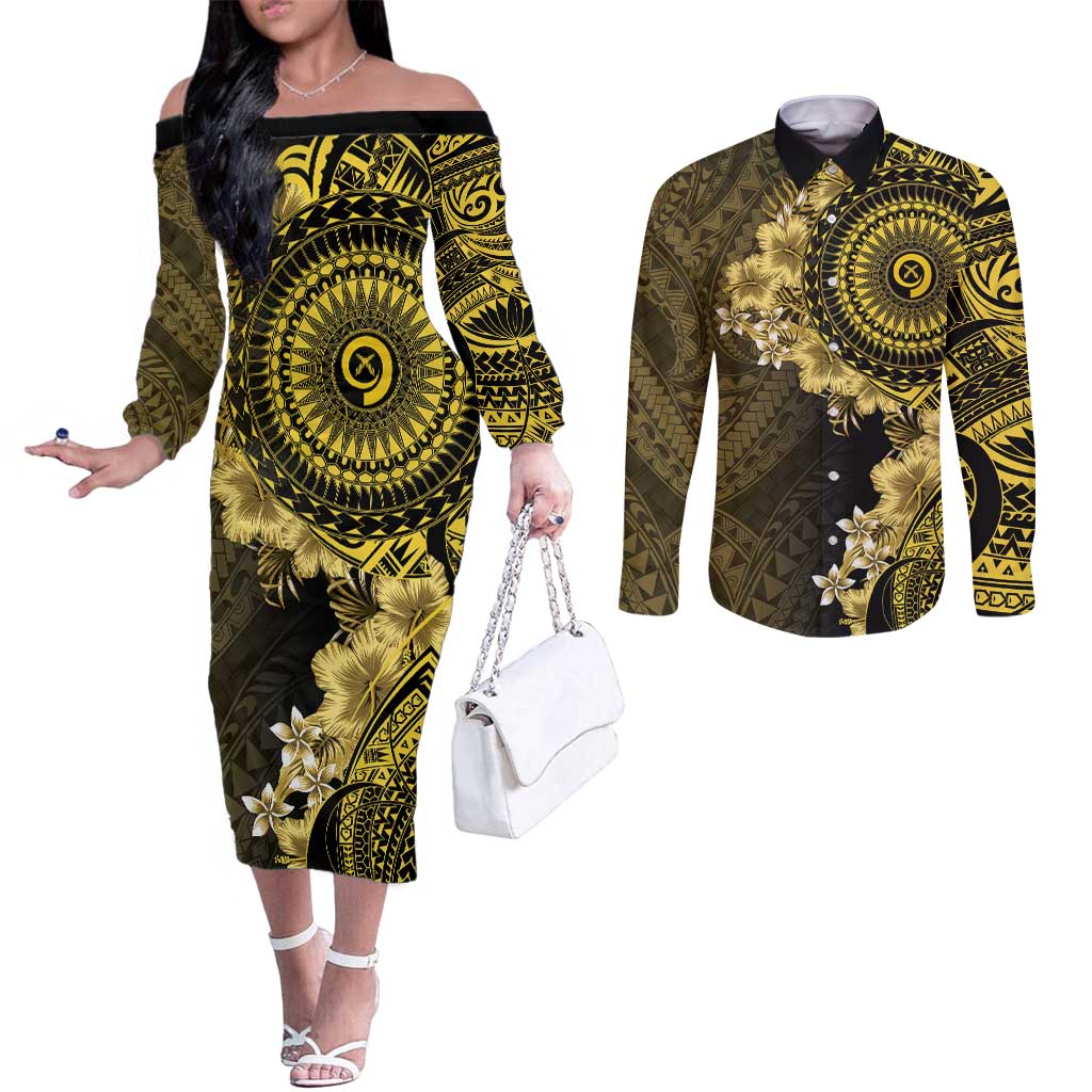 Vanuatu Couples Matching Off The Shoulder Long Sleeve Dress and Long Sleeve Button Shirt Hibisus Polynesian Pattern Gold LT14 Gold - Polynesian Pride
