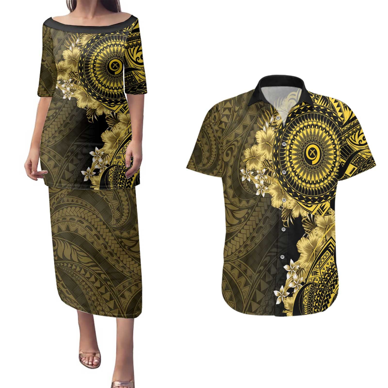 Vanuatu Couples Matching Puletasi and Hawaiian Shirt Hibisus Polynesian Pattern Gold LT14 Gold - Polynesian Pride