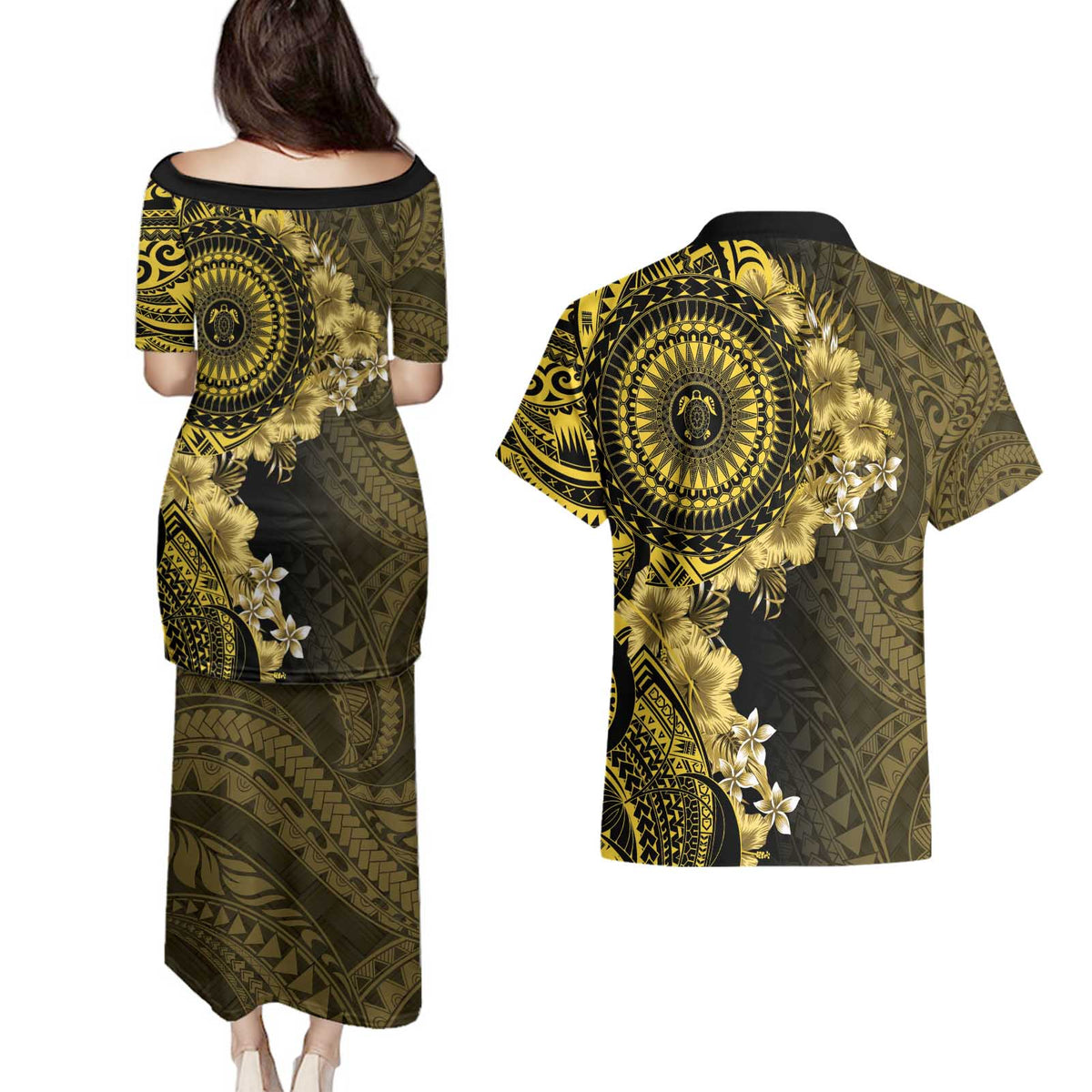 Vanuatu Couples Matching Puletasi and Hawaiian Shirt Hibisus Polynesian Pattern Gold LT14 - Polynesian Pride