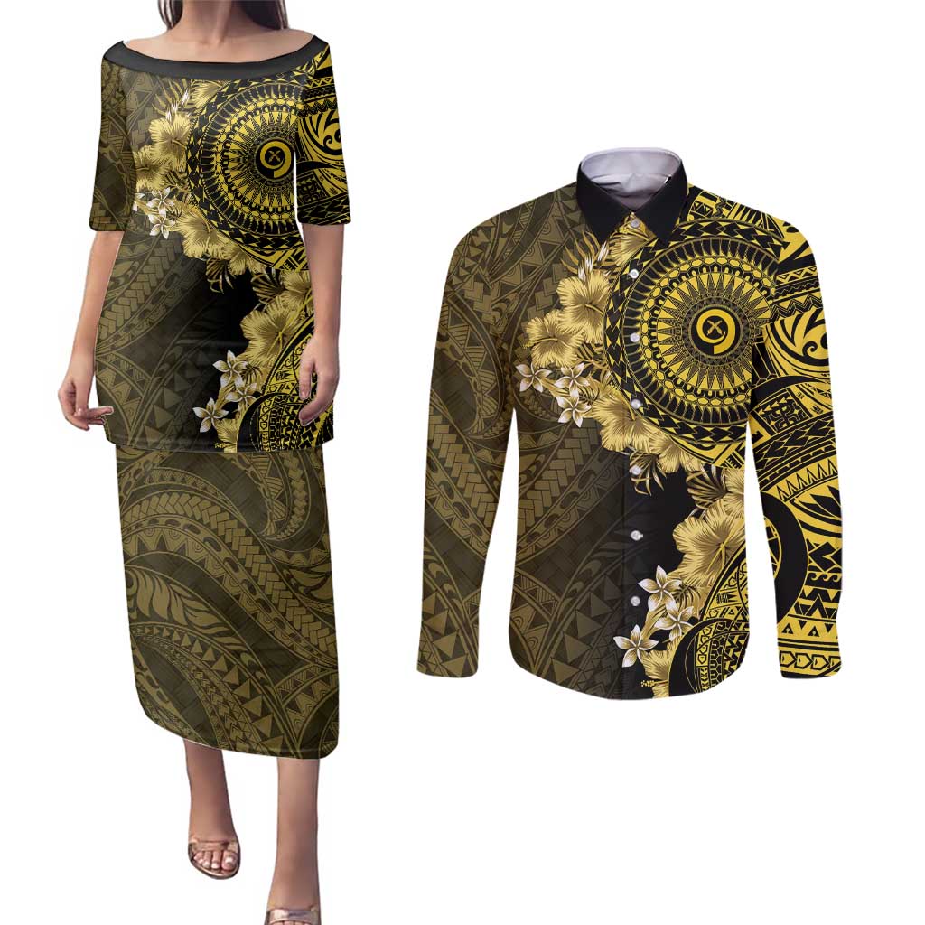 Vanuatu Couples Matching Puletasi and Long Sleeve Button Shirt Hibisus Polynesian Pattern Gold LT14 Gold - Polynesian Pride