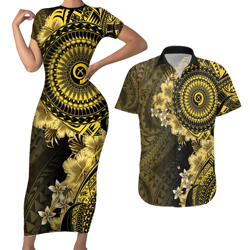 Vanuatu Couples Matching Short Sleeve Bodycon Dress and Hawaiian Shirt Hibisus Polynesian Pattern Gold LT14 Gold - Polynesian Pride