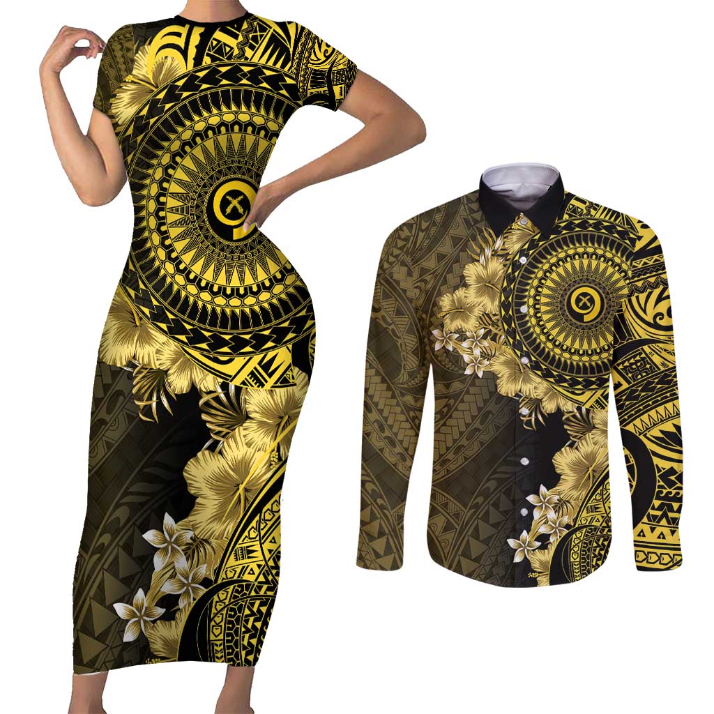 Vanuatu Couples Matching Short Sleeve Bodycon Dress and Long Sleeve Button Shirt Hibisus Polynesian Pattern Gold LT14 Gold - Polynesian Pride
