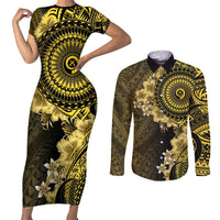 Vanuatu Couples Matching Short Sleeve Bodycon Dress and Long Sleeve Button Shirt Hibisus Polynesian Pattern Gold LT14 Gold - Polynesian Pride