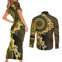 Vanuatu Couples Matching Short Sleeve Bodycon Dress and Long Sleeve Button Shirt Hibisus Polynesian Pattern Gold LT14 - Polynesian Pride