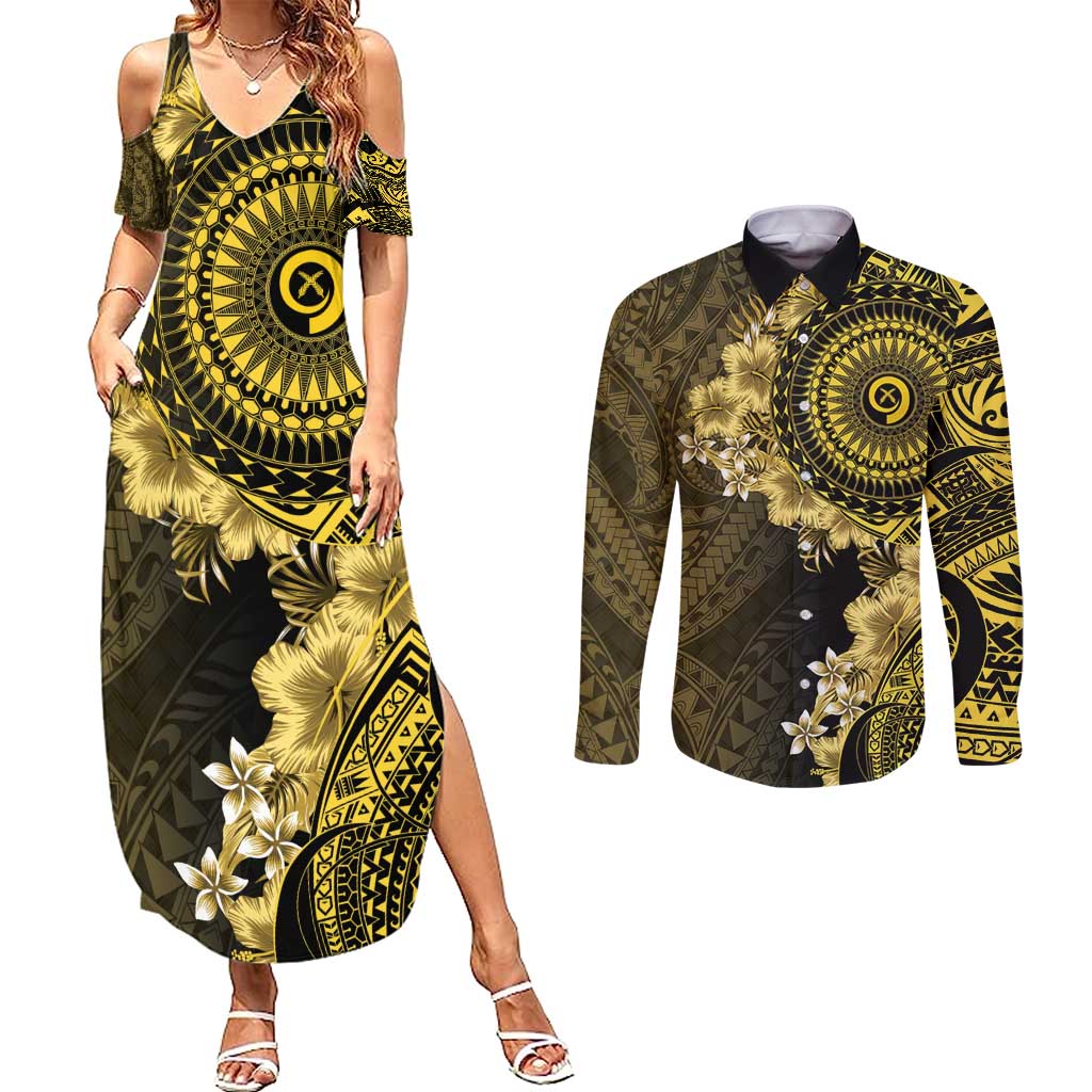Vanuatu Couples Matching Summer Maxi Dress and Long Sleeve Button Shirt Hibisus Polynesian Pattern Gold LT14 Gold - Polynesian Pride