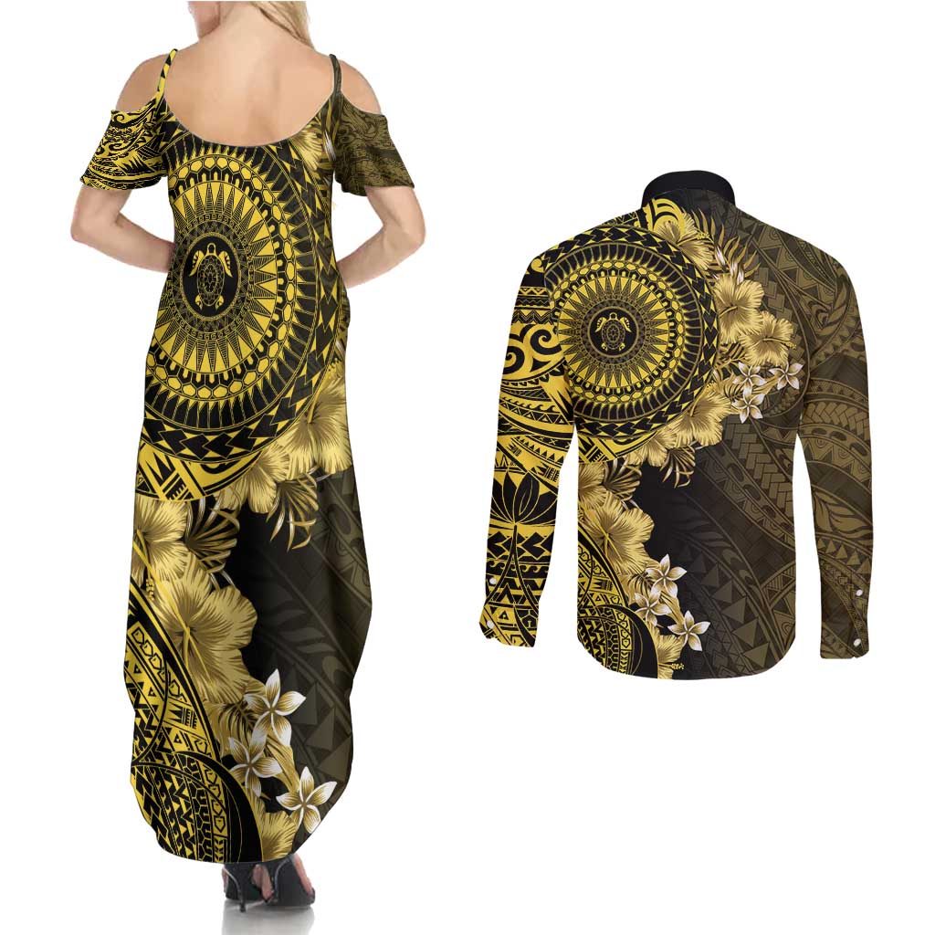 Vanuatu Couples Matching Summer Maxi Dress and Long Sleeve Button Shirt Hibisus Polynesian Pattern Gold LT14 - Polynesian Pride