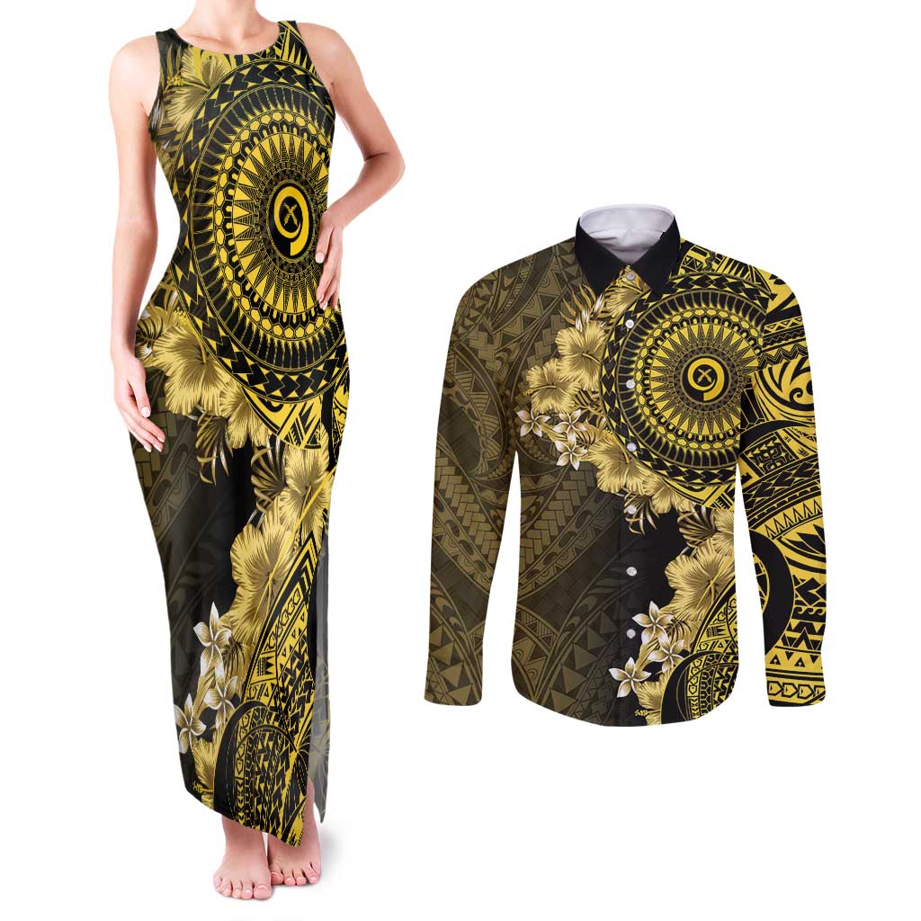 Vanuatu Couples Matching Tank Maxi Dress and Long Sleeve Button Shirt Hibisus Polynesian Pattern Gold LT14 Gold - Polynesian Pride
