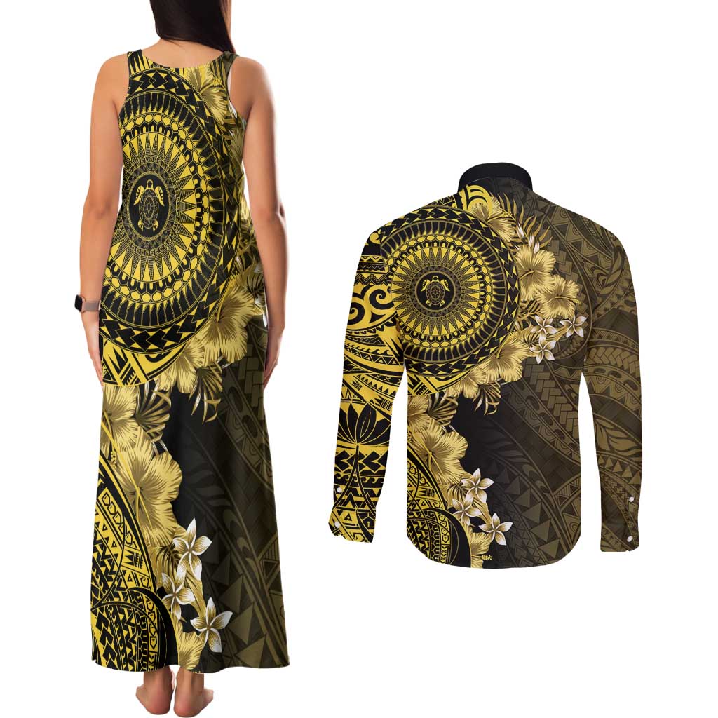 Vanuatu Couples Matching Tank Maxi Dress and Long Sleeve Button Shirt Hibisus Polynesian Pattern Gold LT14 - Polynesian Pride